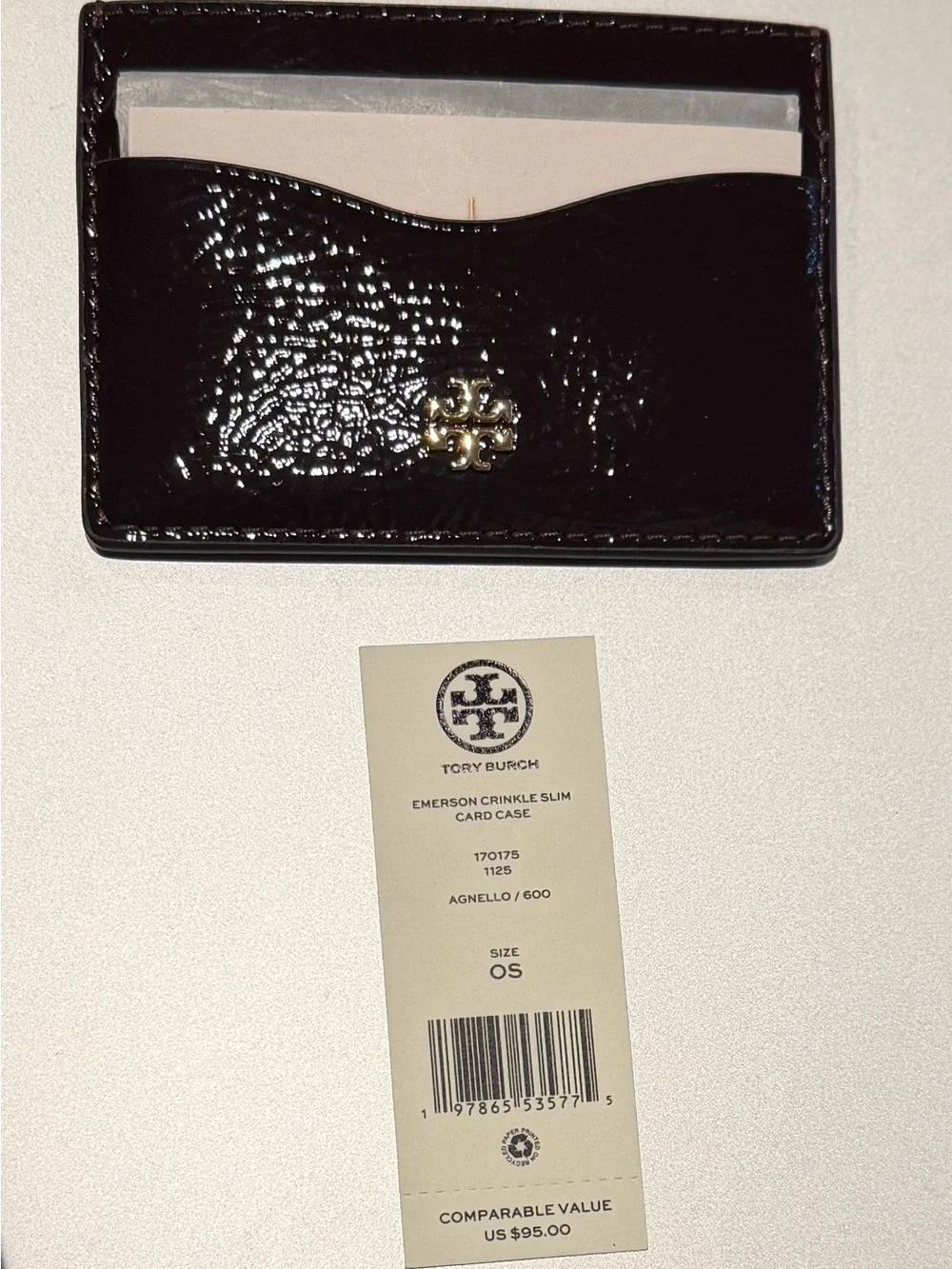 NEW! Tory Burch Patent Card Case in Dark Brown with Gold Logo